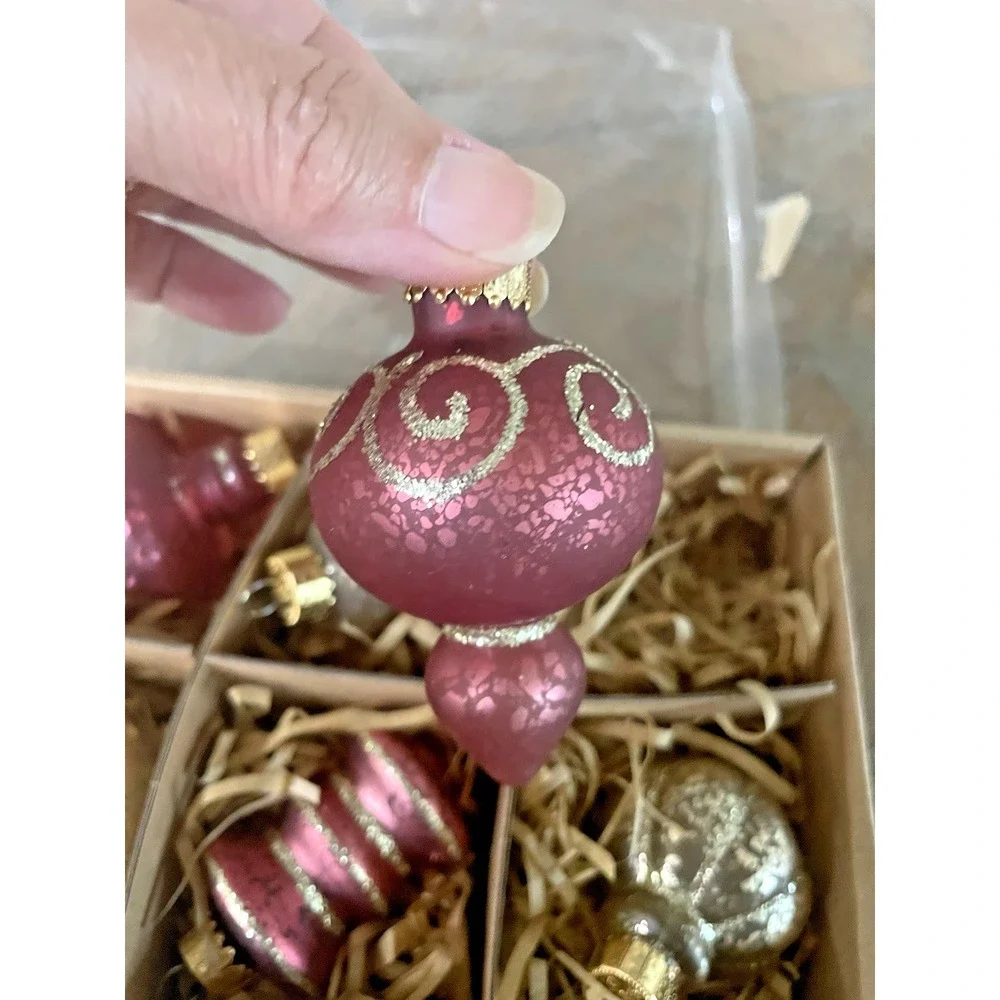 Vtg Set of 9 Ashland‎ Glass Glitter Frosted Pink Gold Christmas Ornaments NIB